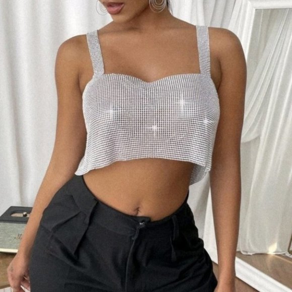 . Tops - Silver metallic chain mesh crop top summer party trending